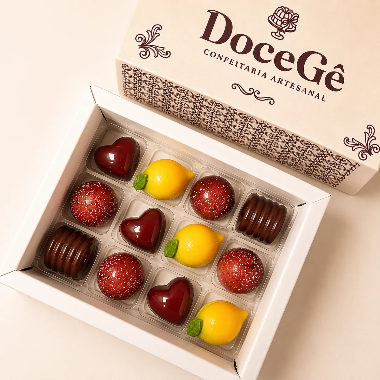 Caixa de doces finos artesanais DoceGê, com bombons variados